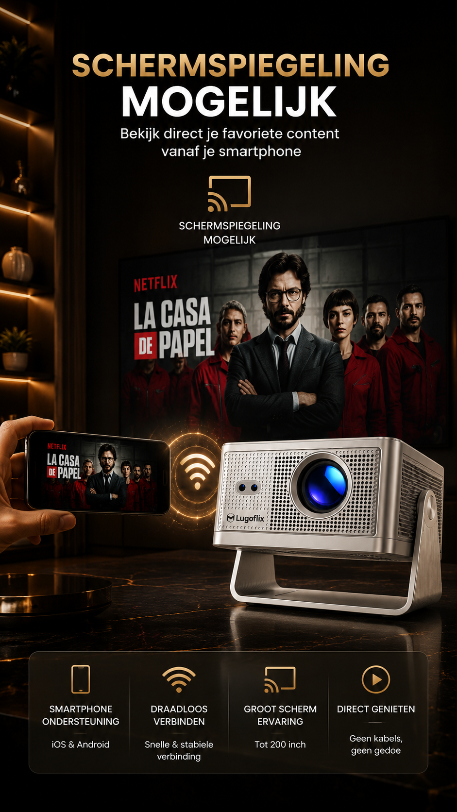 LUGOFLIX™ A22 PRIME 4K LCD Beamer – 1000 ANSI Lumen & Stofdicht