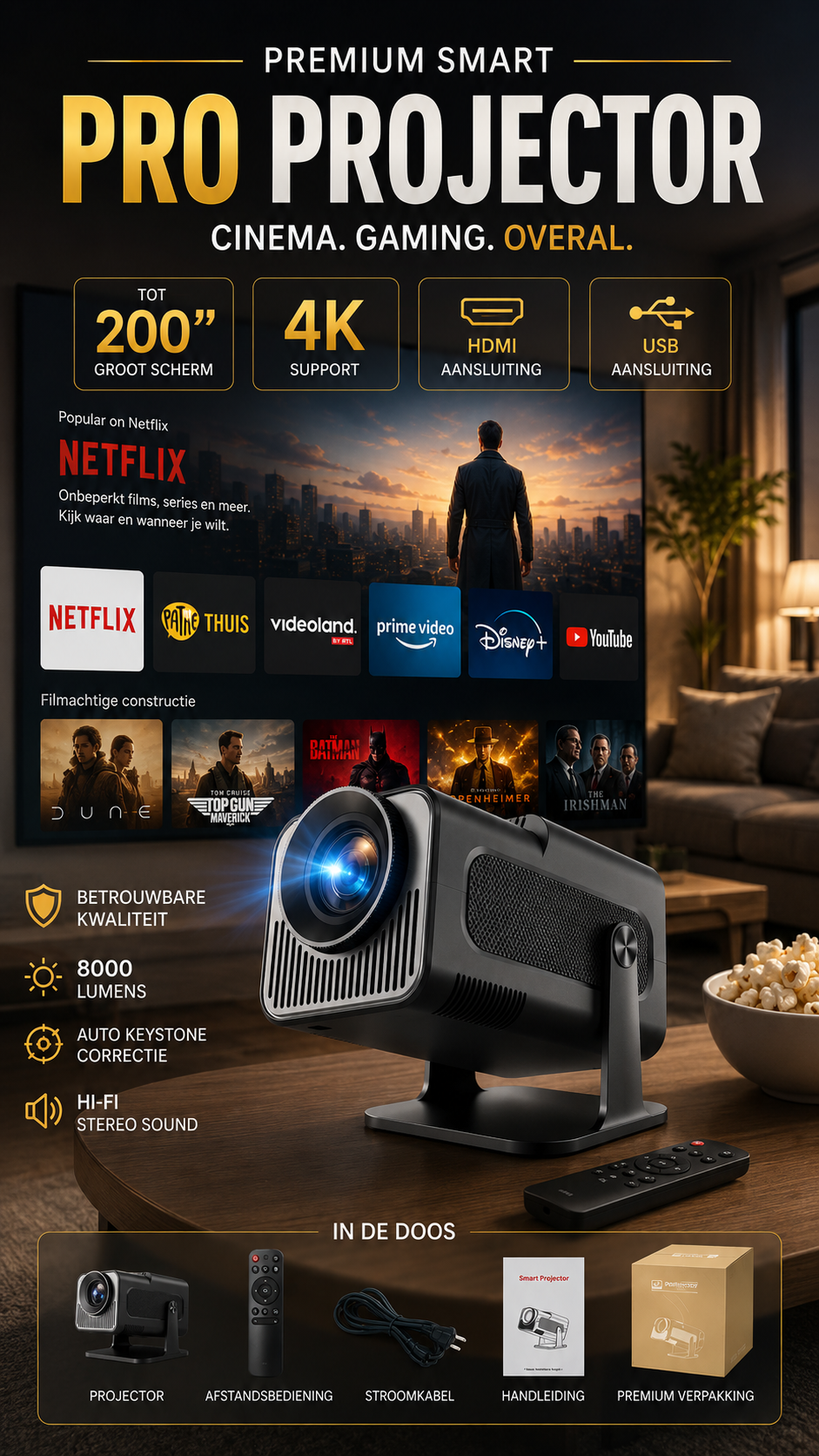 LUGOFLIX HY92 Smart Mini Beamer – Draagbare 1080p Projector met 4K Support